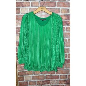 Julian Chang Green Plisse Pleated V-Neck Blouse Long Sleeve Top Womens Large